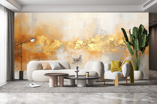 Décore ton mur - Papier peint panoramique texture close-up d’une peinture abstraite en or et blanc avec une texture de peinture à l’huile et un couteau à palette sur toile
