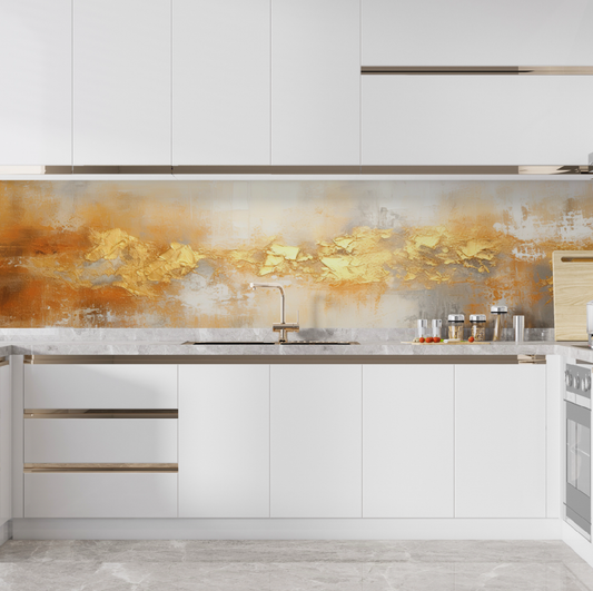 Décore ton mur - crédence cuisine texture close-up d’une peinture abstraite en or blanc avec une texture de peinture à l’huile et un couteau à palette sur toile